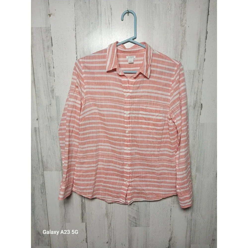 J Crew Cotton Peach And White Striped Button Up Top
